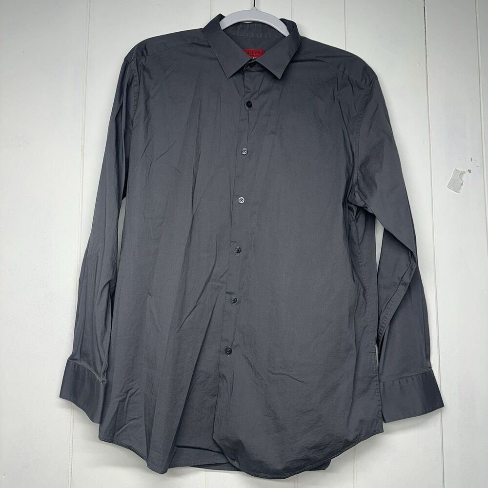 Alfani Mens Large Slim Fit Long Sleeve Button Front Dress Shirt Gray